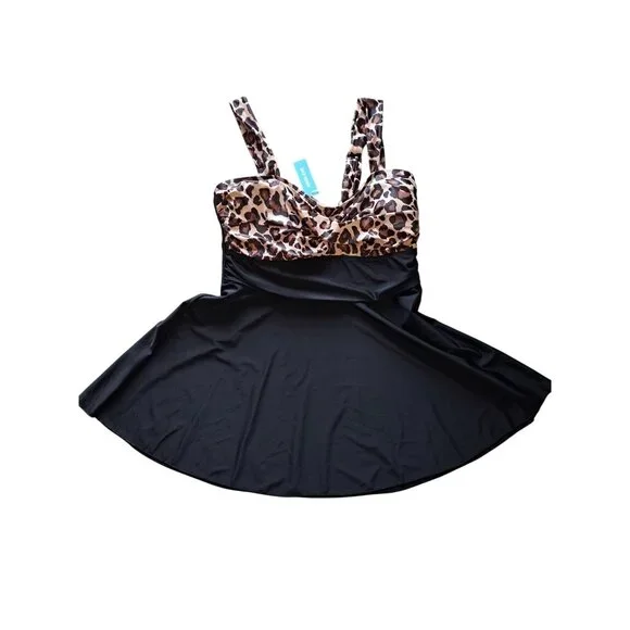 Aqua Eve Womens Plus Size 18W Leopard Print Swimsuit Dress Black  Brown NEW - Picture 3 of 9